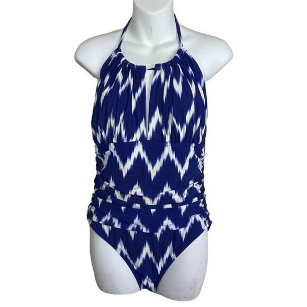 La Blanca One Piece Swimsuit Womens 10 Blue White Ikat Chevron Halter Ruched Exc